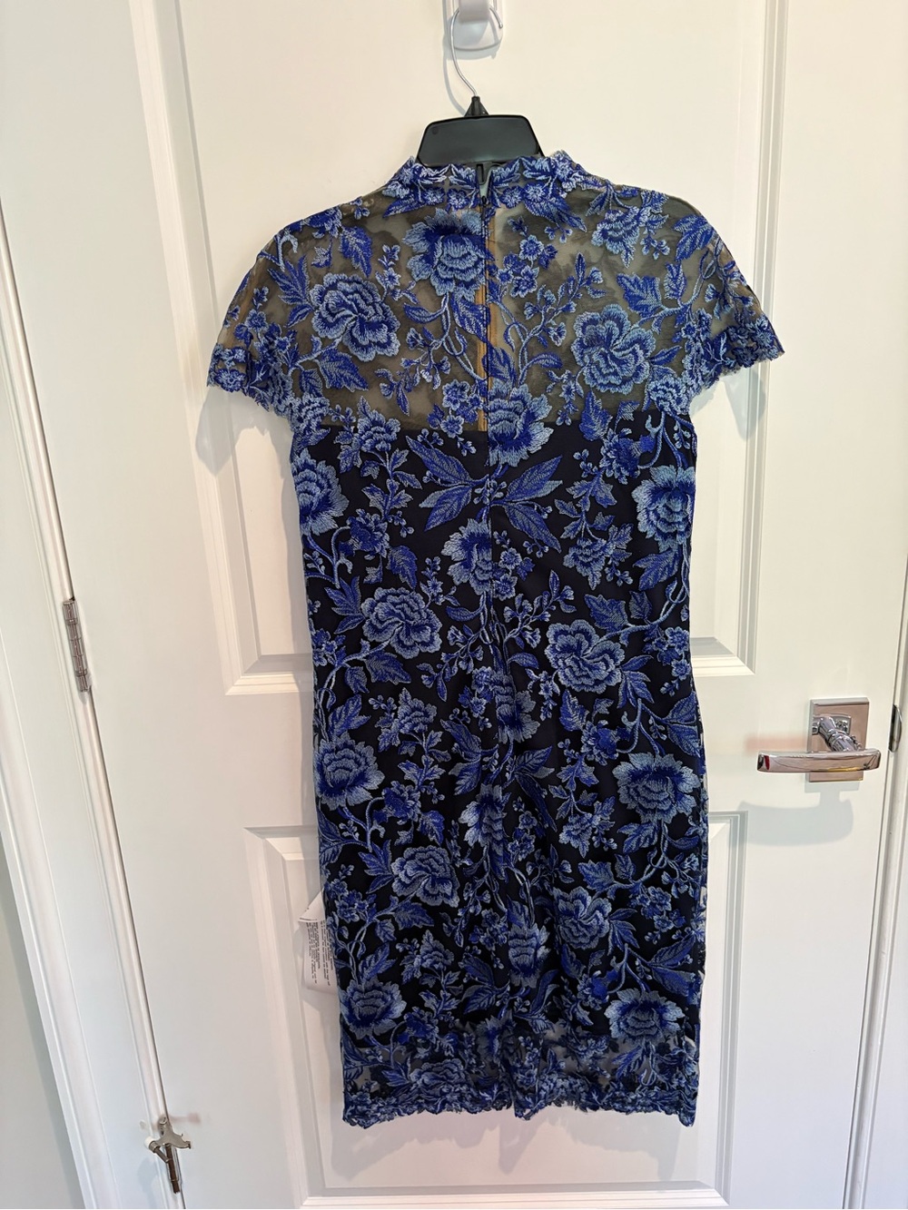 Tadashi Shoji black background floral in shades of Blue Floral Lace Knee Dress